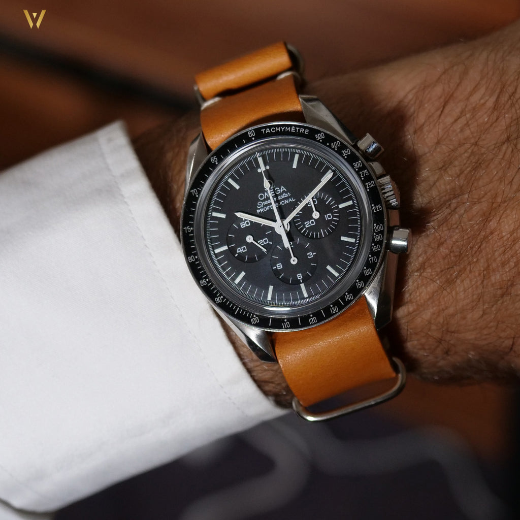 Bracelet de montre Nato doublé cuir toscan marron clair sur poignet