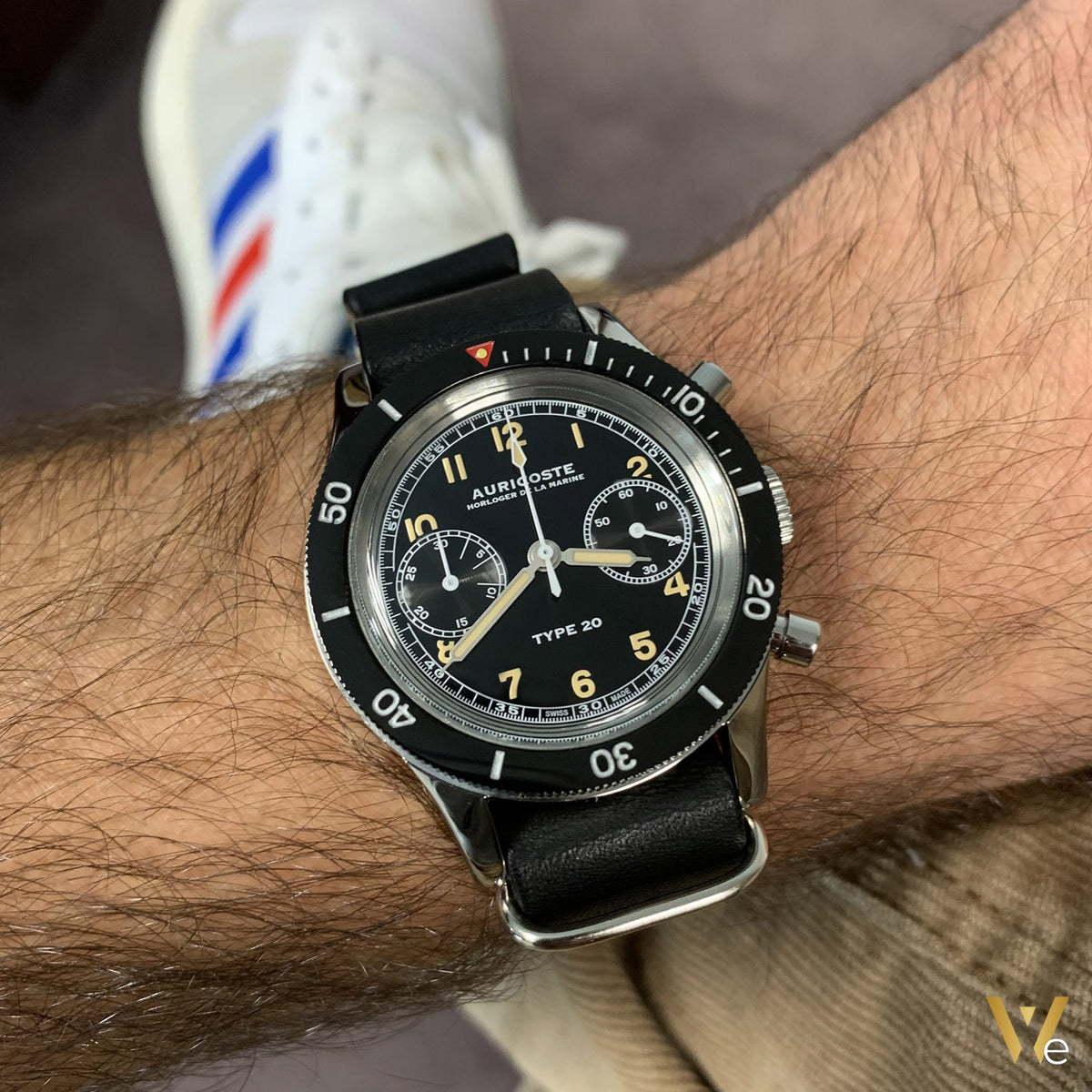 Montre Auricoste Flymaster Type 20 Lunette de plongée Bracelet NATO cuir Noir offert