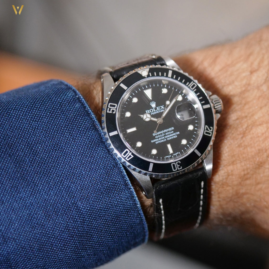 Bracelet de montre Dark Croco noir 20 mm en wristshot avec Sub Rolex