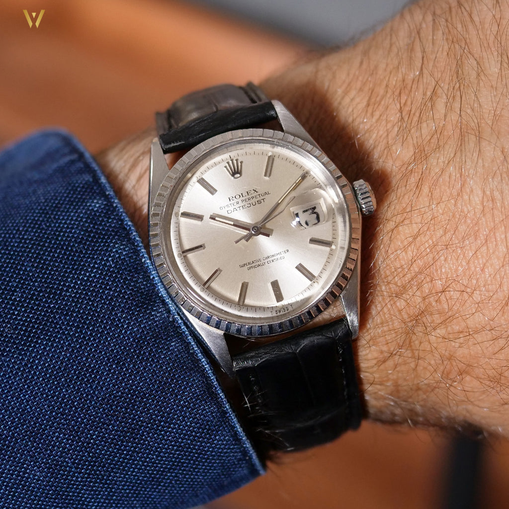 Bracelet de montre Croco Square noir 20 mm et wristshot rolex vintage